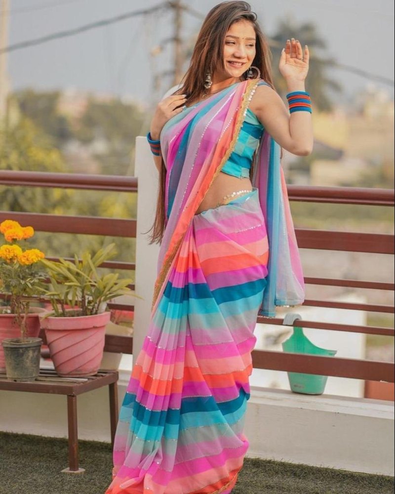 Striped Georgette Saree (Multicolor) for Women | Ethnic Wear for Weddings & Festivals