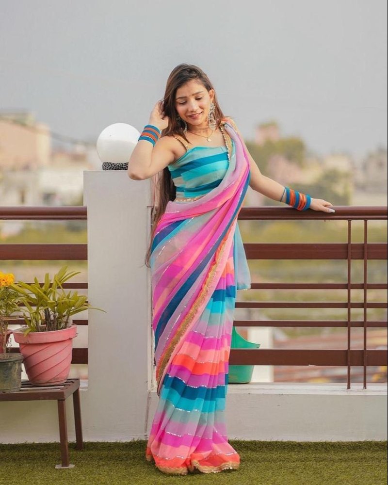 Striped Georgette Saree (Multicolor) for Women | Ethnic Wear for Weddings & Festivals