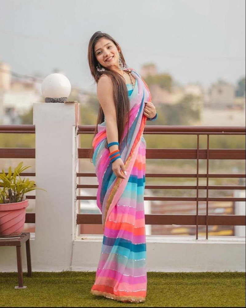 Striped Georgette Saree (Multicolor) for Women | Ethnic Wear for Weddings & Festivals