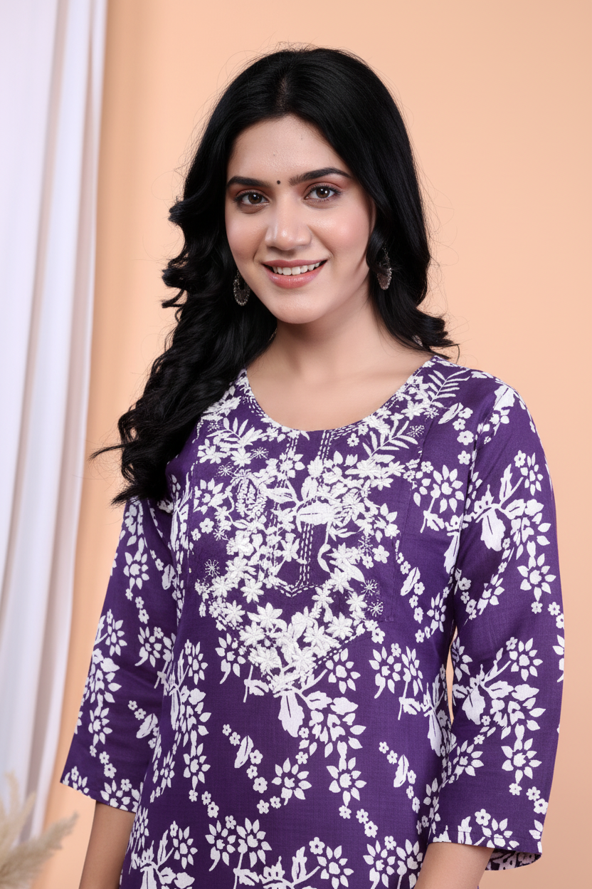 Detail Shot - Purple Floral Kurta Set