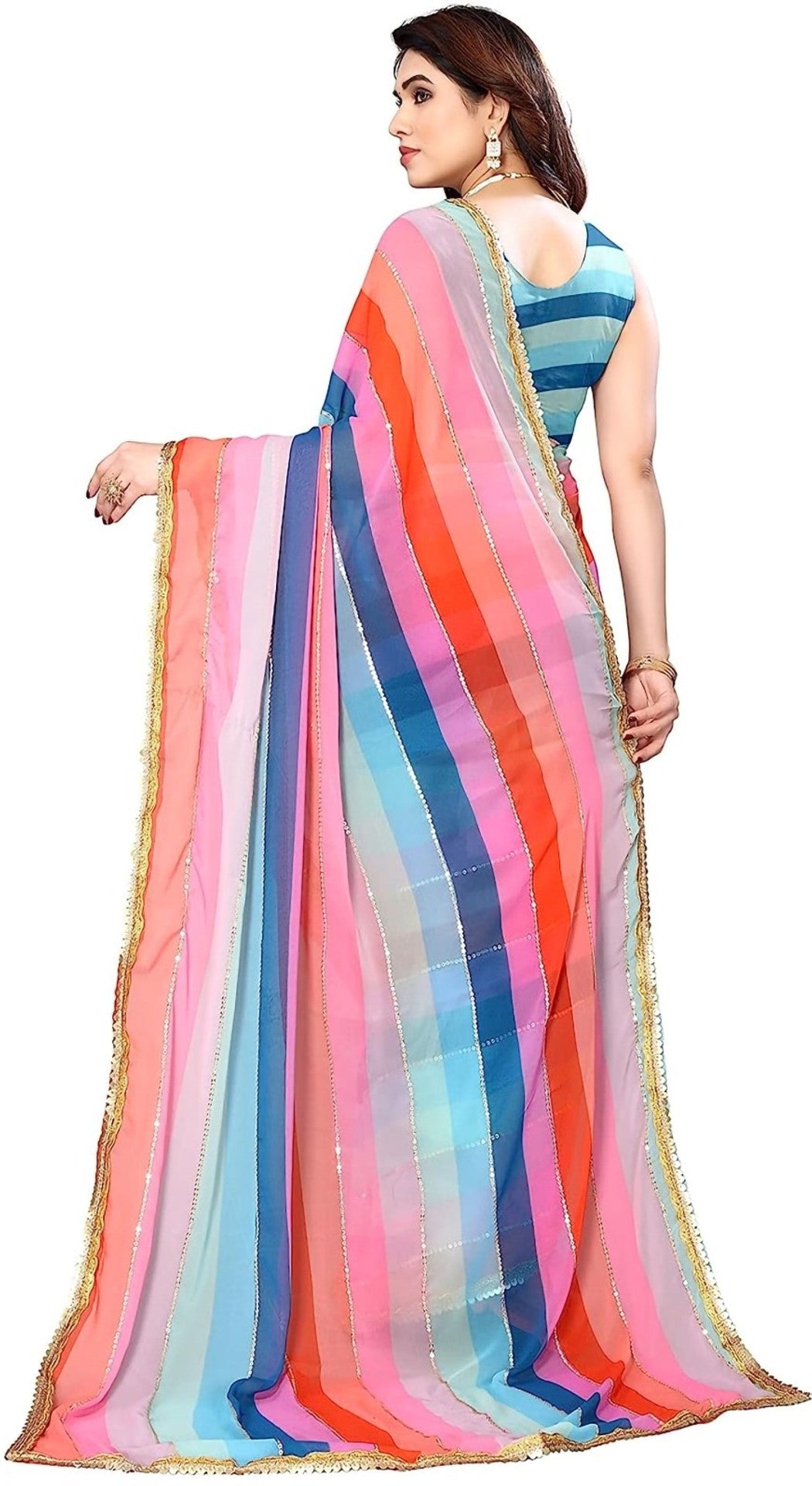 Striped Georgette Saree (Multicolor) for Women | Ethnic Wear for Weddings & Festivals