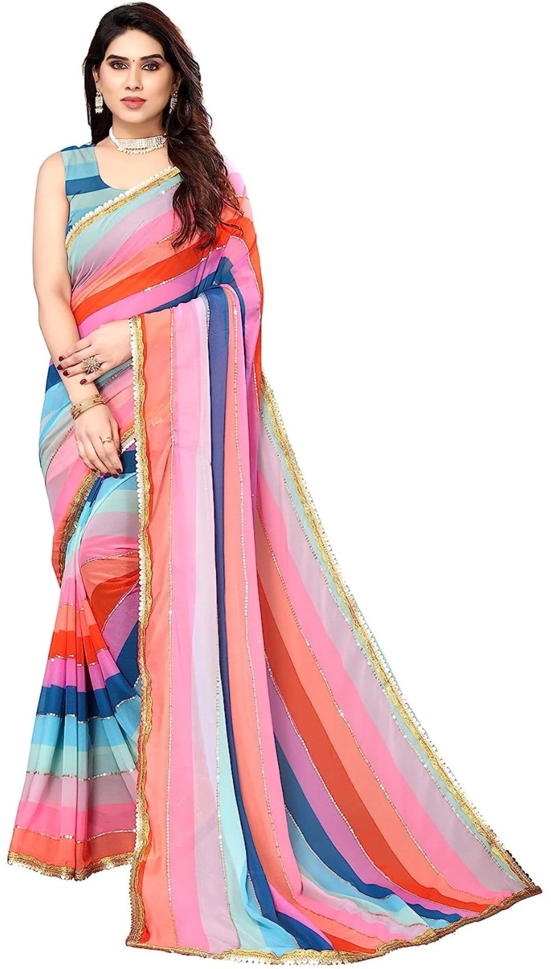 Striped Georgette Saree (Multicolor) for Women | Ethnic Wear for Weddings & Festivals