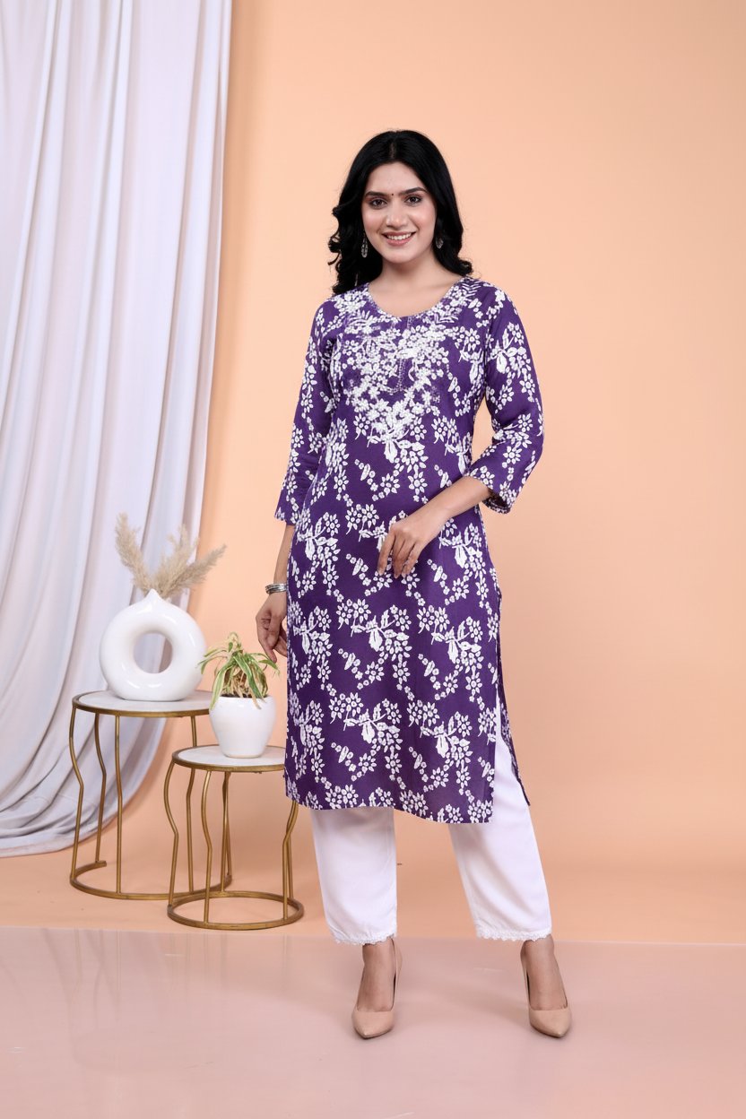 Front View - Purple Floral Kurta Set
