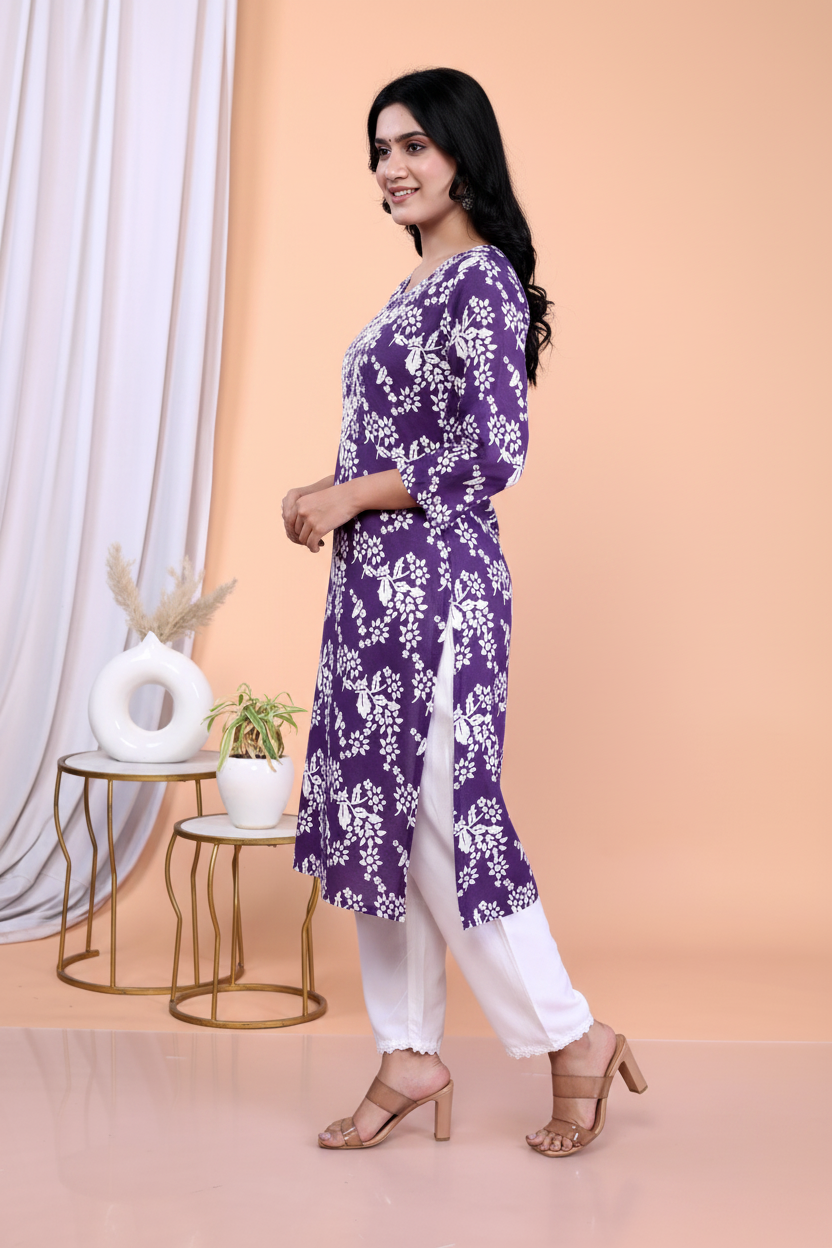 Side View - Purple Floral Kurta Set
